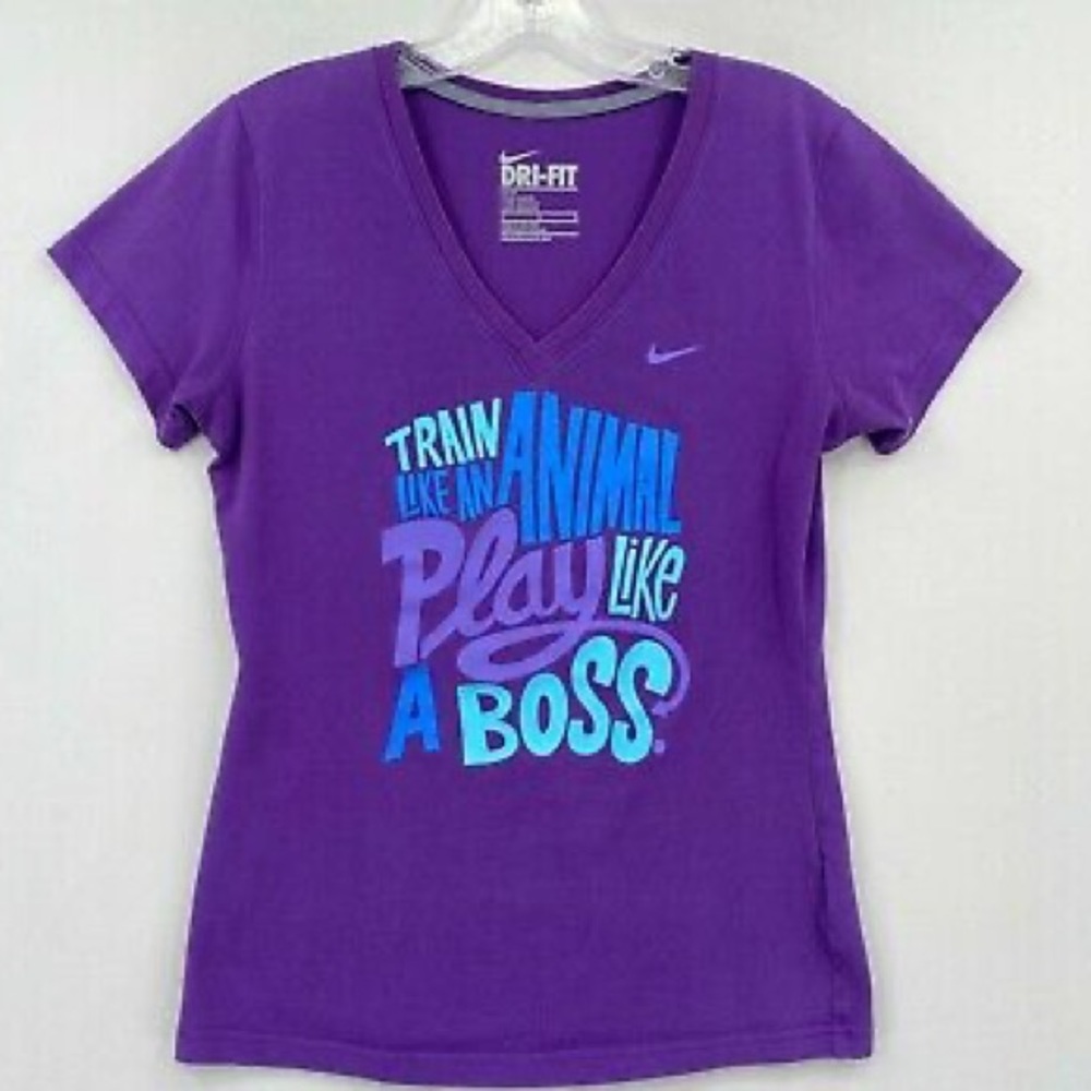 Nike Dri-Fit V-Neck Top Womens Large Purple Slim Fit Train Animal Play Boss